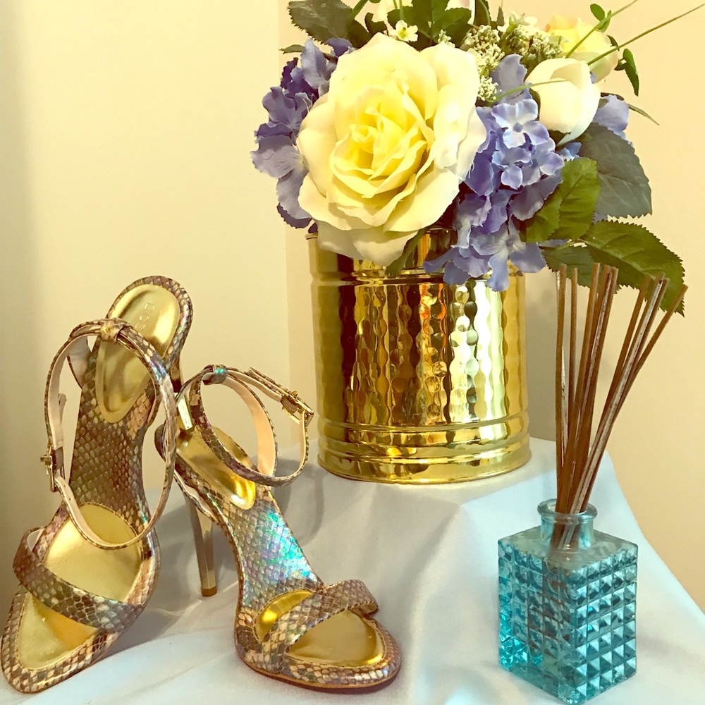 BCBGeneration multicolor snakeskin & gold heels